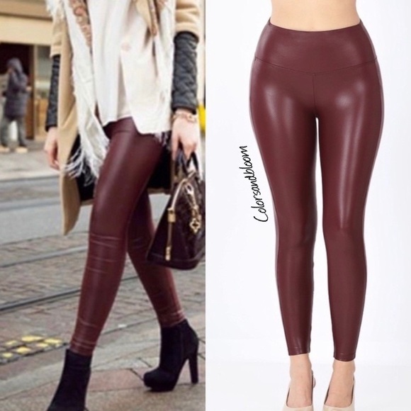Faux  Leather Leggings- DARK BURGUNDY - Picture 2 of 4